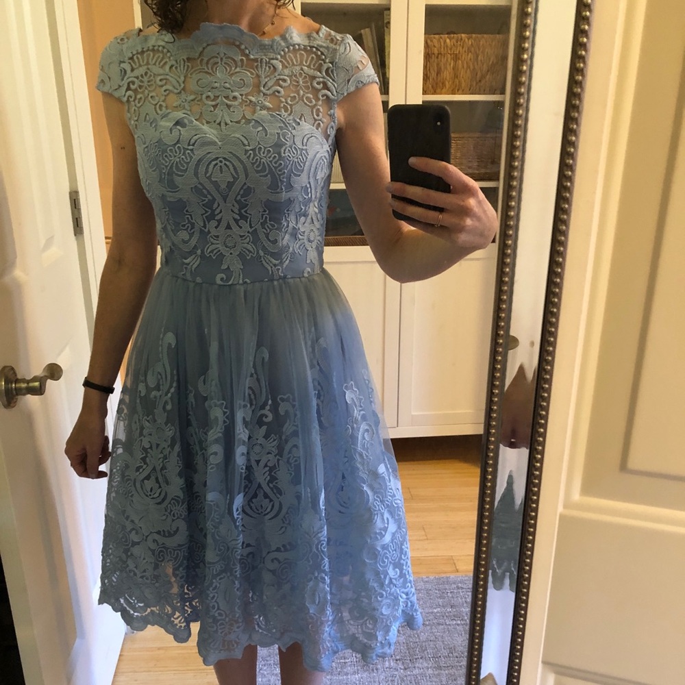 Chi Chi London Premium Lace Midi Prom Dress with Bardot Neck - Light Blue